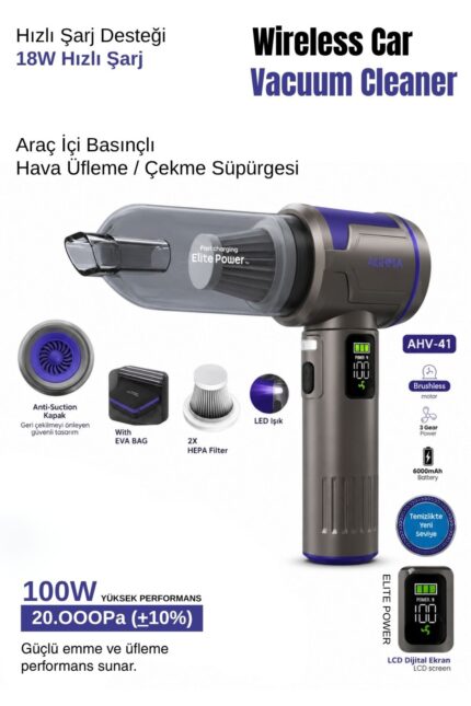 AUHMA AHV-41 Premium 2'si 1 Arada Kablosuz Araç Süpürgesi & Güçlü Hava Üfleyici